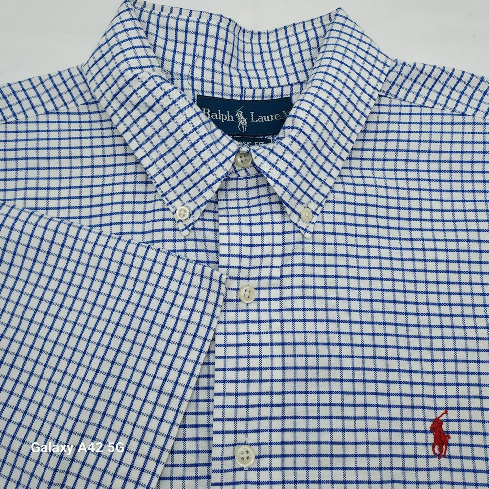 Ralph‎ Lauren Mens XL Classic Fit Blue White Tattersall Short Sleeve Button Down